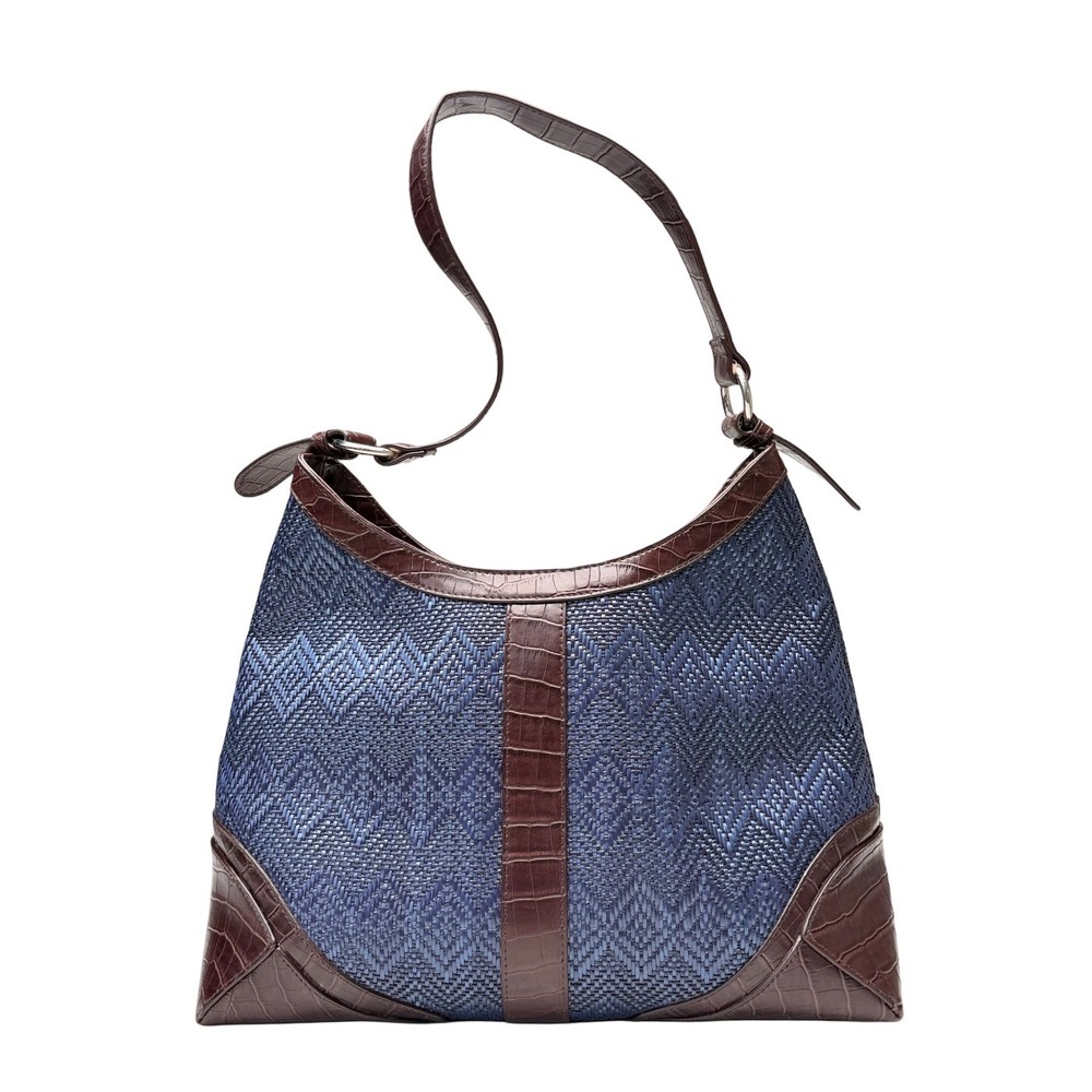 Navy Blue Straw Woven Faux Croc Trim Hobo Shoulder Bag Coastal Boho Festival
